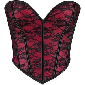 Victorian Renaissance Gothic Red Satin Black Lace Floral Overbust Corset Large
